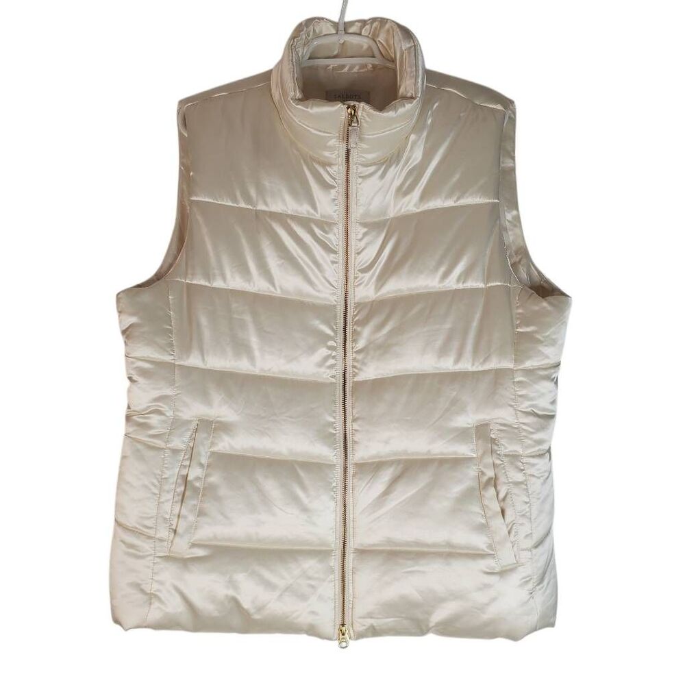 Talbots Striped Quilting Full Zip Sleeveless Puffer Vest Ivory XL